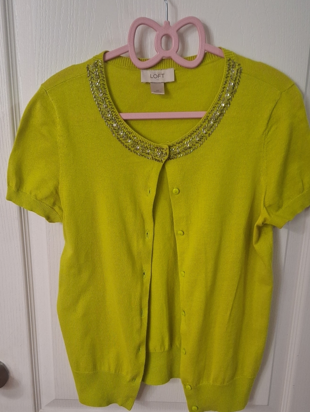 LOFT Women's Lime Green Beaded Short-Sleeve Cardigan   Like New       Size XS